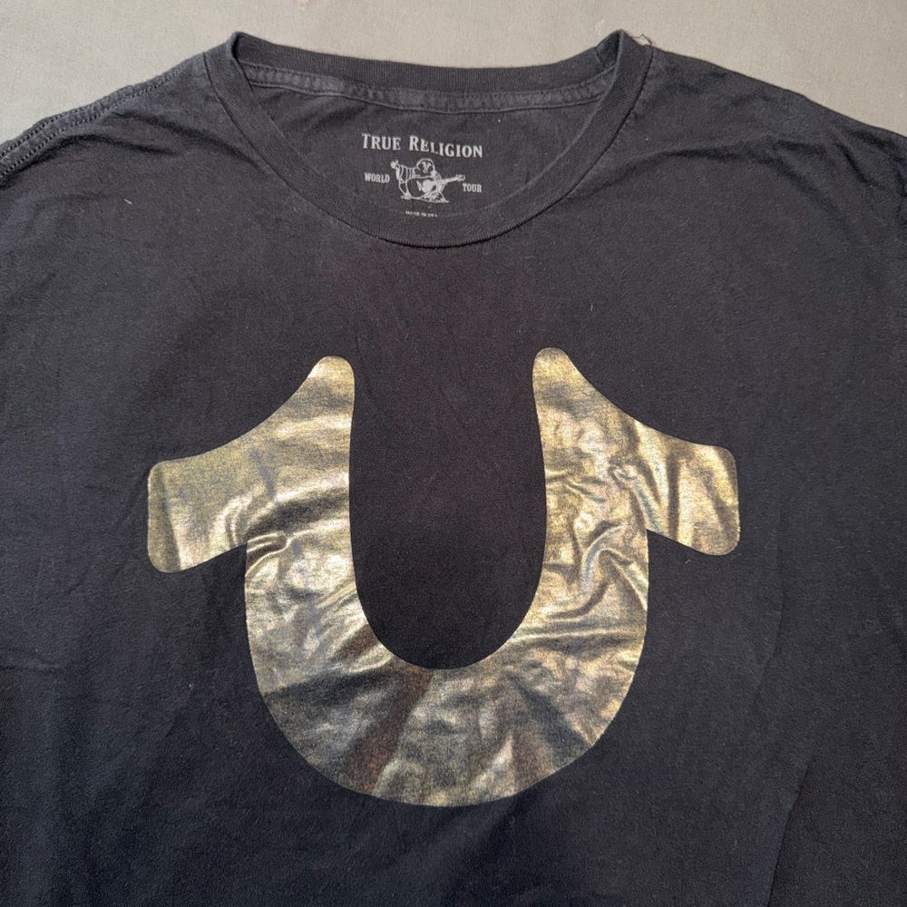 True Religion Black Tee with Metallic Gold Horseshoe Graphic